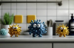 Funny cartoon pathogenic microbes and bacteria in the kitchen Hygiene rules and cleaning concept